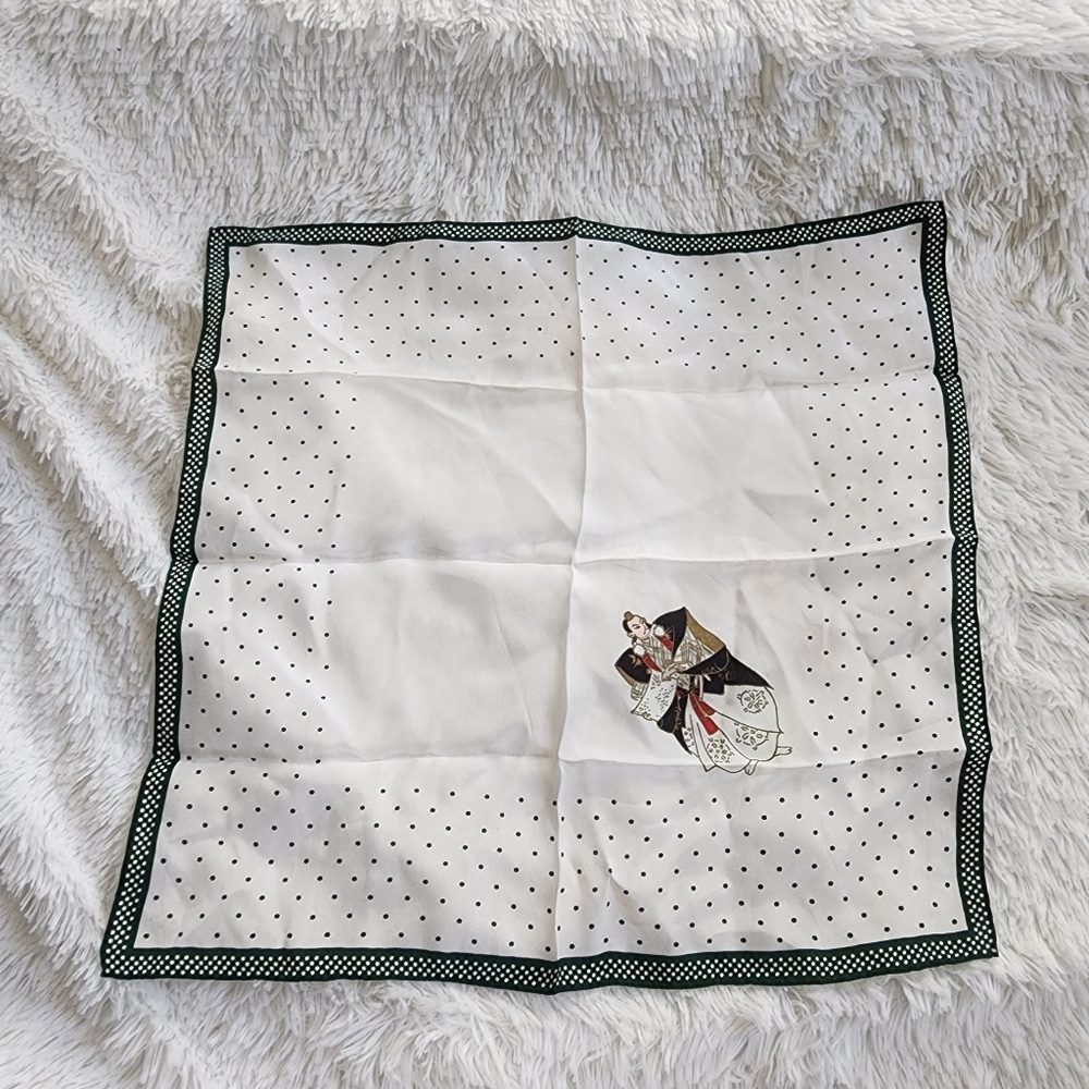 Silk Japanese samurai white and green Polka Dot hand rolled Hankerchief scarf